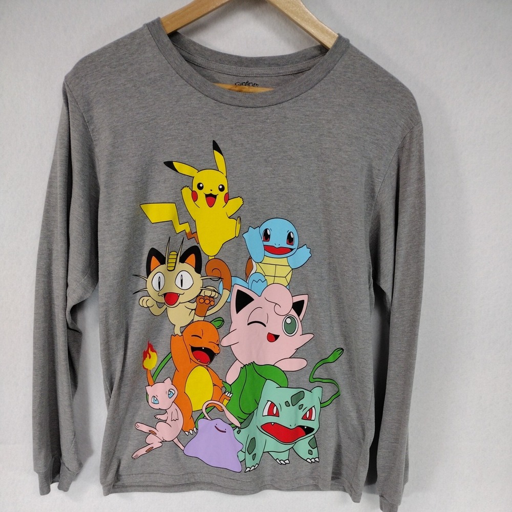 Pokemon Junior's L 11-13 Long Sleeve Shirt Colorful All Charachters Logo Gray